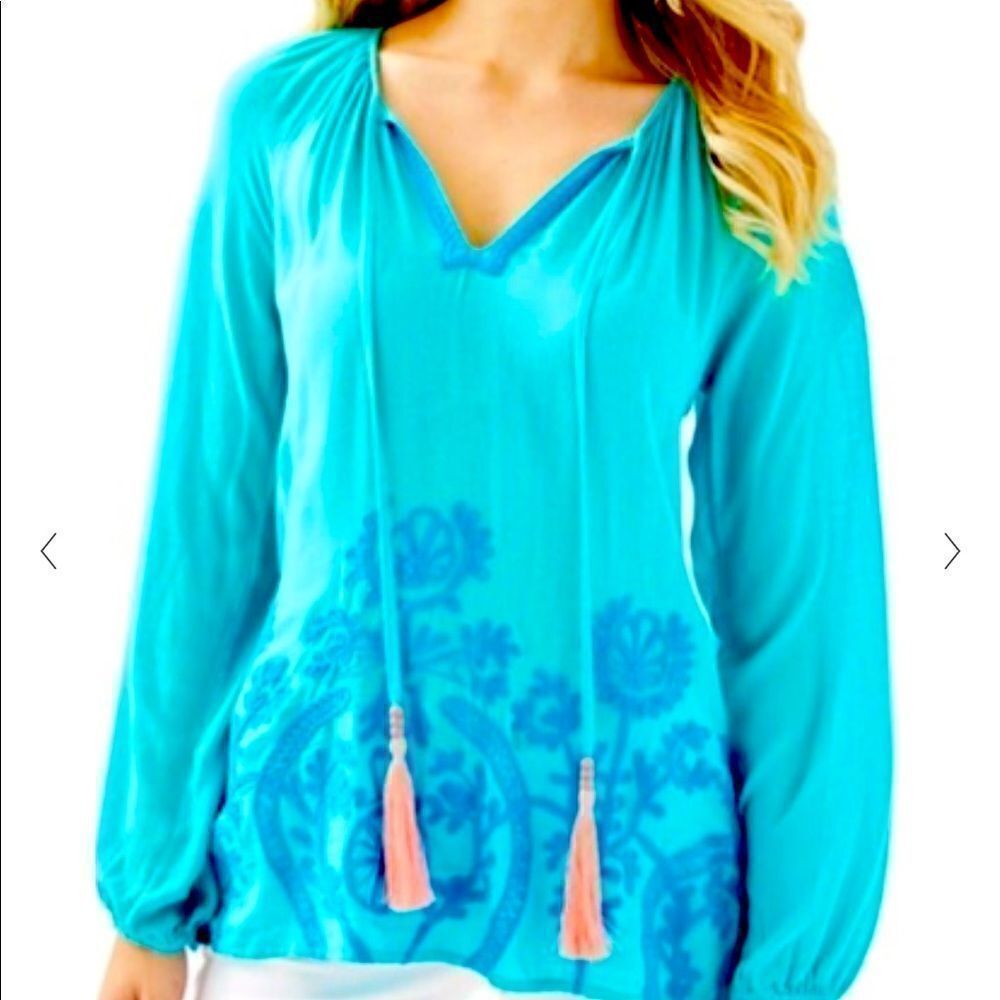 Lilly Pulitzer Willa Embroidered Blouse Top Seaside Aqua NWT CORAL TASSELS